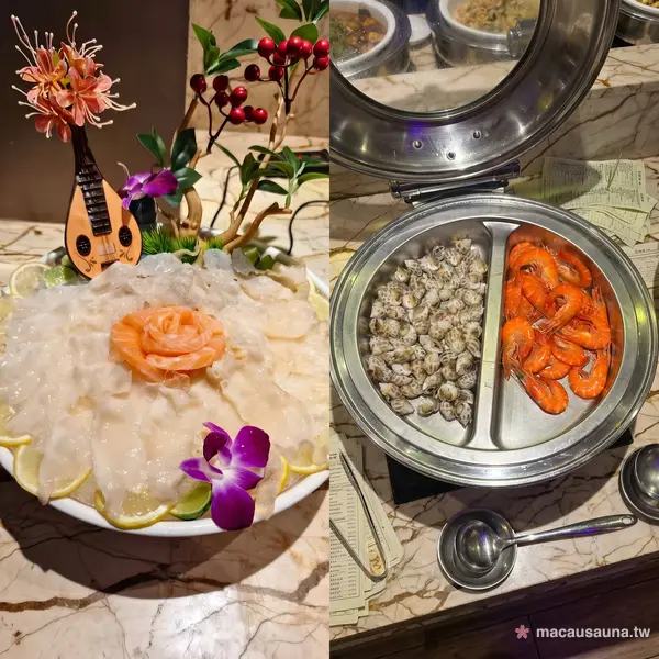 帝湖桑拿海鮮自助餐白灼鮮蝦花甲冷盤，氹仔澳門桑拿
